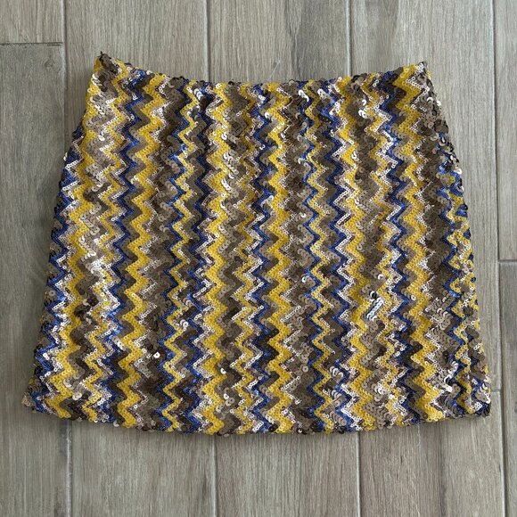 Shasa Dresses & Skirts - Vintage Shasa Sequin Mini Skirt Women's Large Gold Blue Zig Zag Party Y2K USA